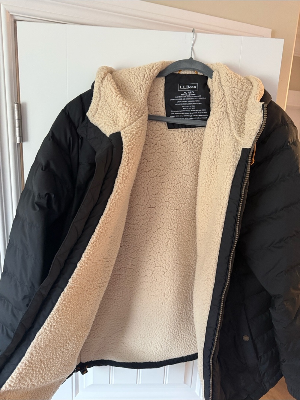 L.L. Bean Black Puffer Jacket with Cream Sherpa Lining